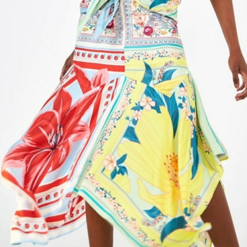 NWT FARM Rio Tropical Patchwork Handkerchief Midi Skirt in Red, Yellow, Blue - Picture 3 of 5